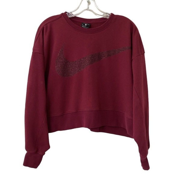 Nike Get Fit Fleece Sparkle Maroon Cropped Boxy Dri- Fit Crewneck Sweater - Picture 1 of 7